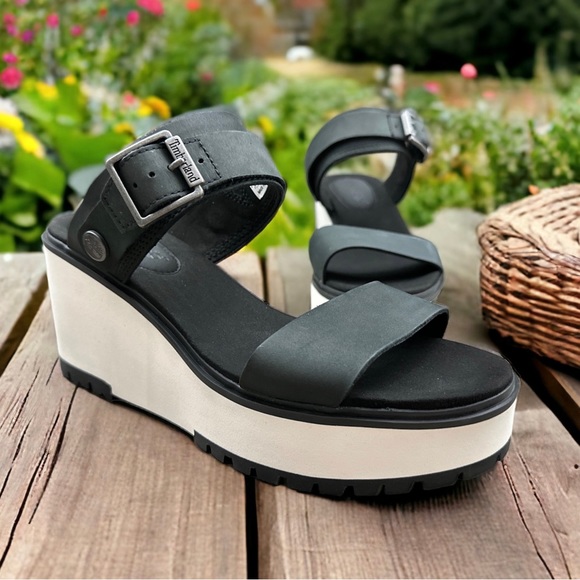 NIB Timberland Koralyn 2 Band Wedge Black Nubuck Slingback Sandal 9M 40 - Picture 5 of 14